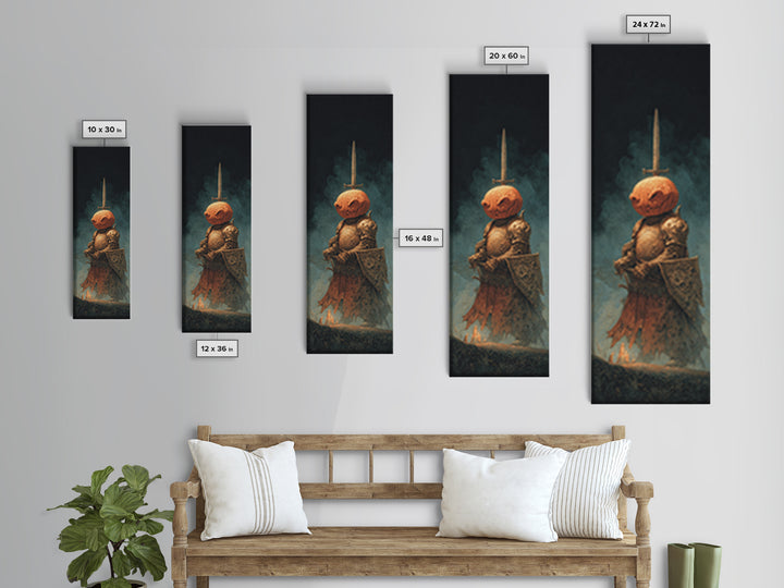 The Pumpkin Paladin, Surreal Apocalyptic Art, Tall Narrow Wall Art, Dark Fantasy Wall Art, Framed Canvas Print, Halloween Wall Art