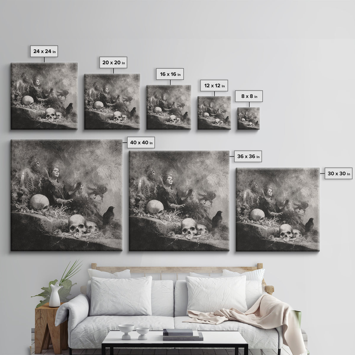 The Necromancer Queen, Symbolist Dream Art, Square Wall Art, Macabre Wall Art, Canvas Print, Halloween Wall Art