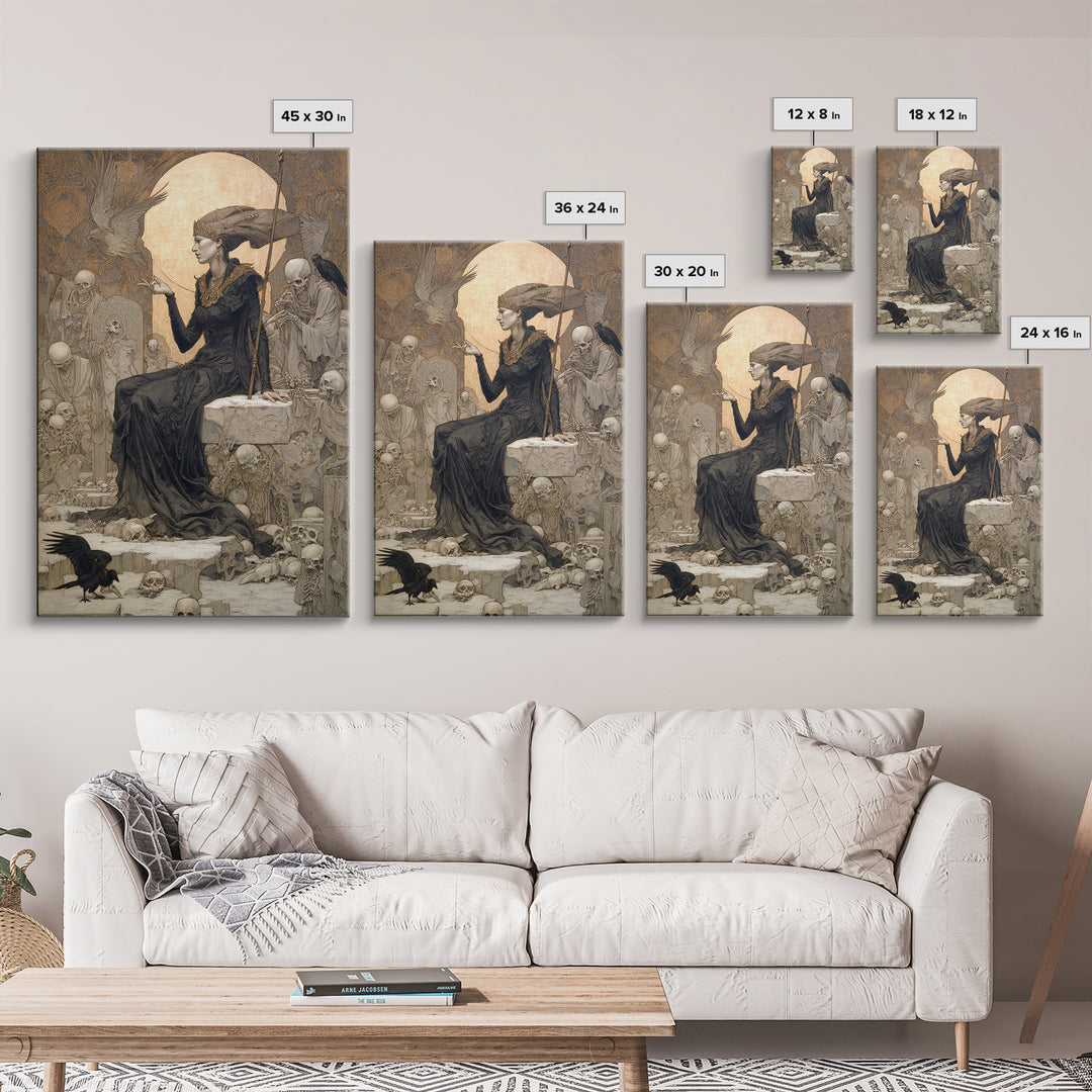The Necromancer Queen, Symbolist Death Art, Vertical Wall Art, Dark Halloween Decor, Framed Canvas Print, Halloween Wall Art
