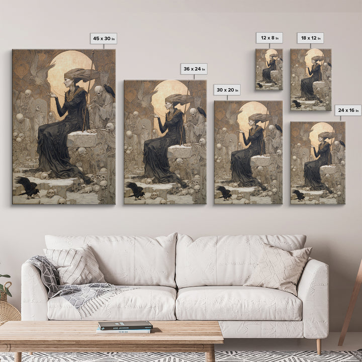 The Necromancer Queen, Symbolist Death Art, Vertical Wall Art, Dark Halloween Decor, Framed Canvas Print, Halloween Wall Art