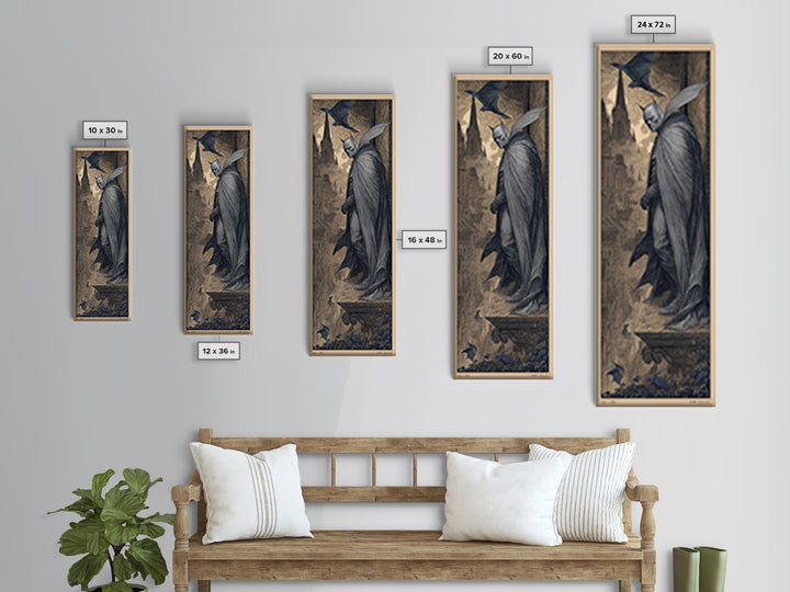 The Bat Prince, Gothic Engraving Art, Tall Narrow Wall Art, Dark Fantasy Wall Art, Framed Canvas Print, Halloween Wall Art