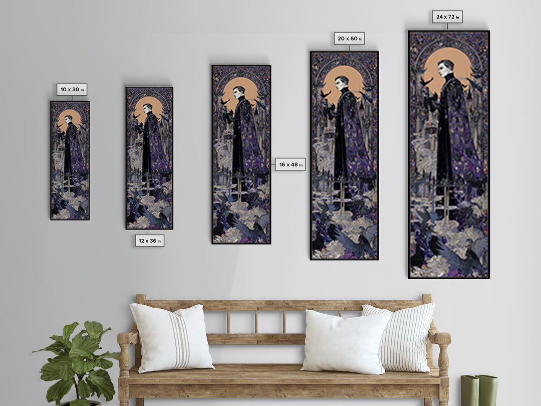The Bat Prince, Stained Glass Gothic Art, Tall Narrow Wall Art, Macabre Wall Art, Framed Canvas Print, Halloween Wall Art