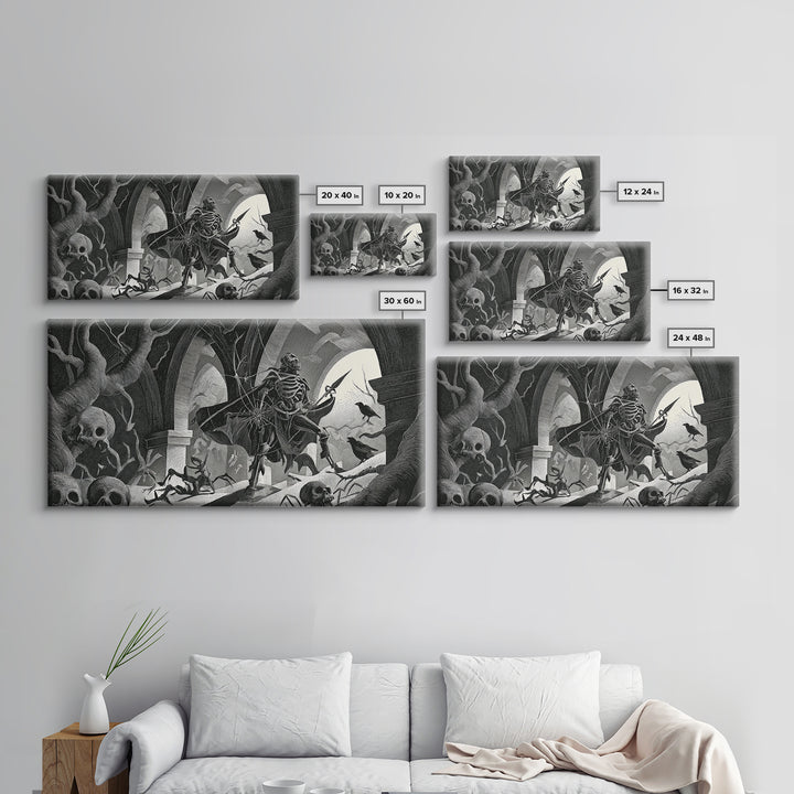 The Spider Knight, Macabre Folk Print Art, Wide Panoramic Art, Gothic Horror Wall Art, Framed Canvas Print, Halloween Wall Art