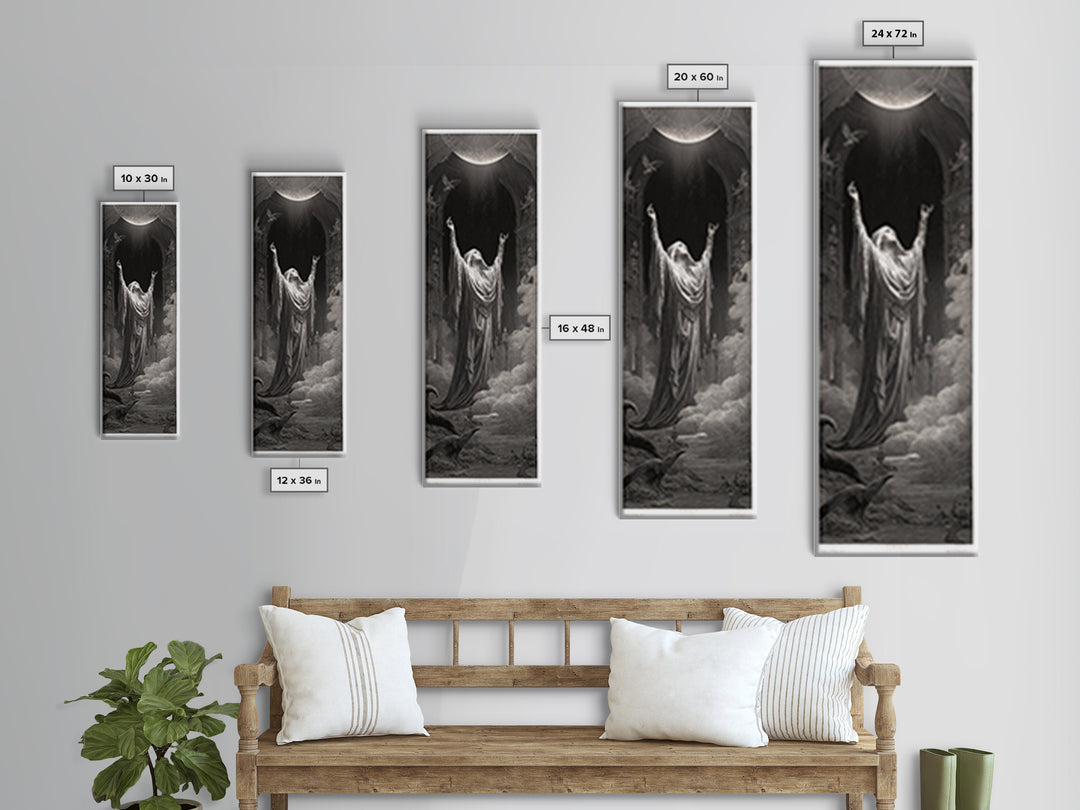 The Moon Priestess, Gothic Engraving Art, Tall Narrow Wall Art, Gothic Horror Wall Art, Canvas Print, Halloween Wall Art