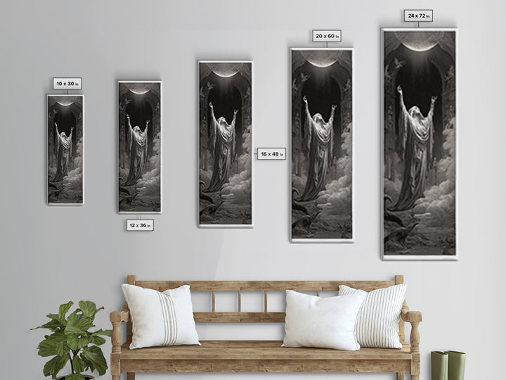 The Moon Priestess, Gothic Engraving Art, Tall Narrow Wall Art, Gothic Horror Wall Art, Canvas Print, Halloween Wall Art