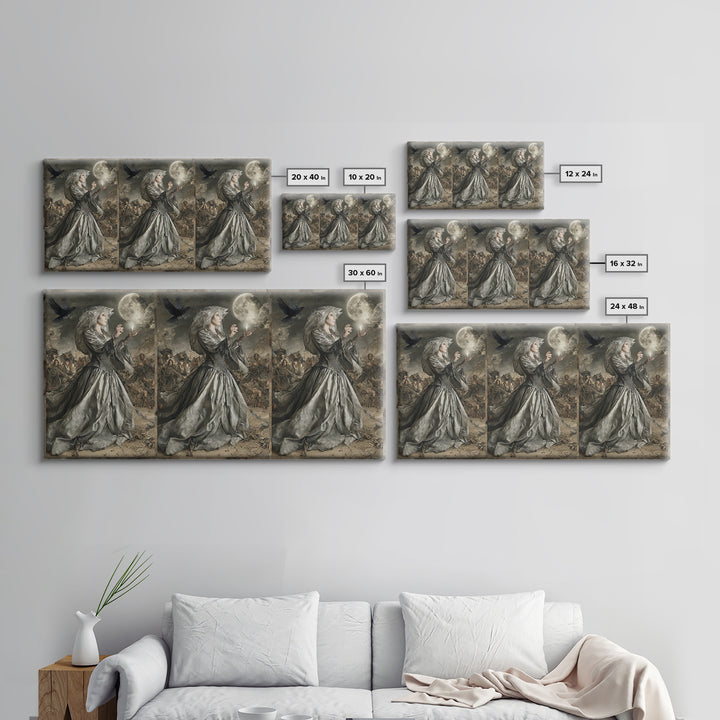 The Moon Priestess, Northern Renaissance Horror, Wide Panoramic Art, Macabre Wall Art, Framed Canvas Print, Halloween Wall Art