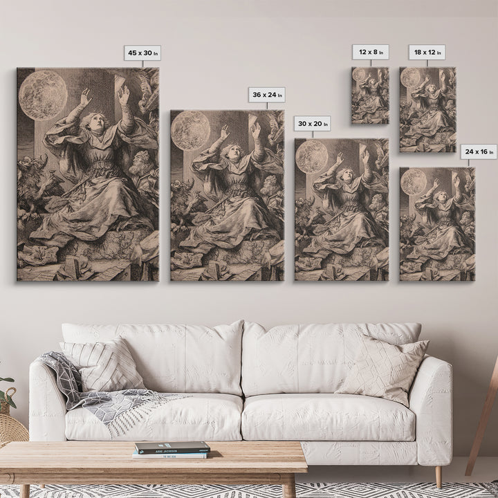 The Moon Priestess, Renaissance Engraving Art, Vertical Wall Art, Macabre Wall Art, Framed Canvas Print, Halloween Wall Art