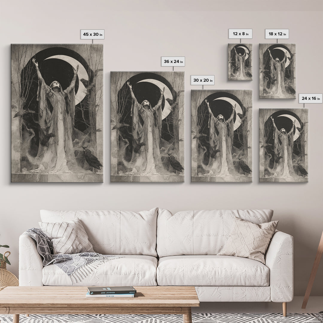 The Moon Priestess, Symbolist Dream Art, Vertical Wall Art, Macabre Wall Art, Framed Canvas Print, Halloween Wall Art