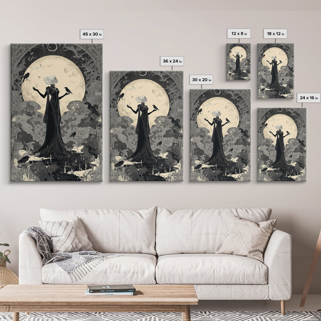 The Moon Priestess, Decadent Line Art, Vertical Wall Art, Gothic Horror Wall Art, Framed Canvas Print, Halloween Wall Art