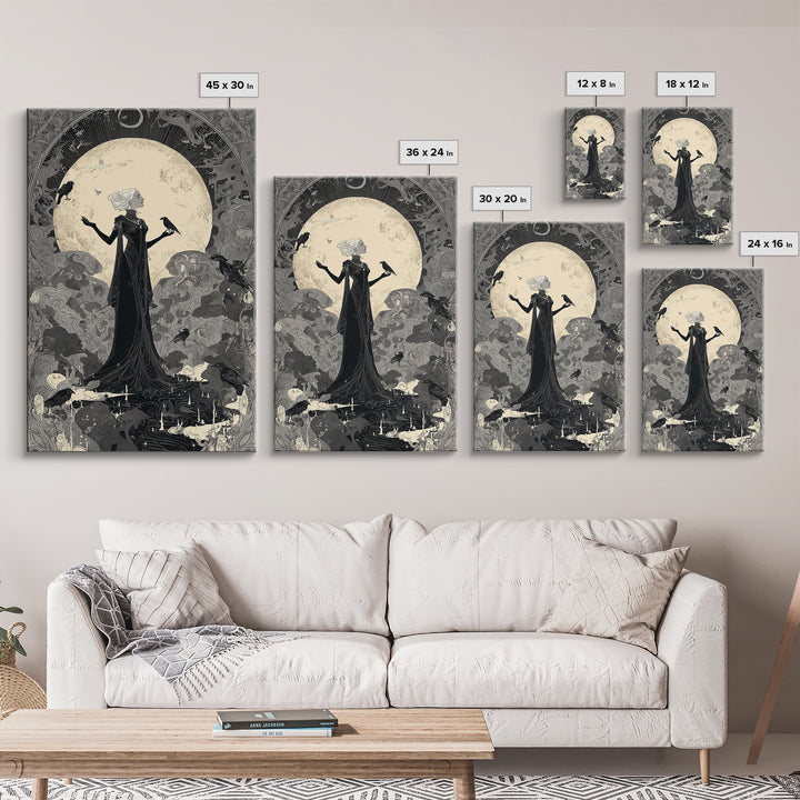 The Moon Priestess, Decadent Line Art, Vertical Wall Art, Gothic Horror Wall Art, Framed Canvas Print, Halloween Wall Art