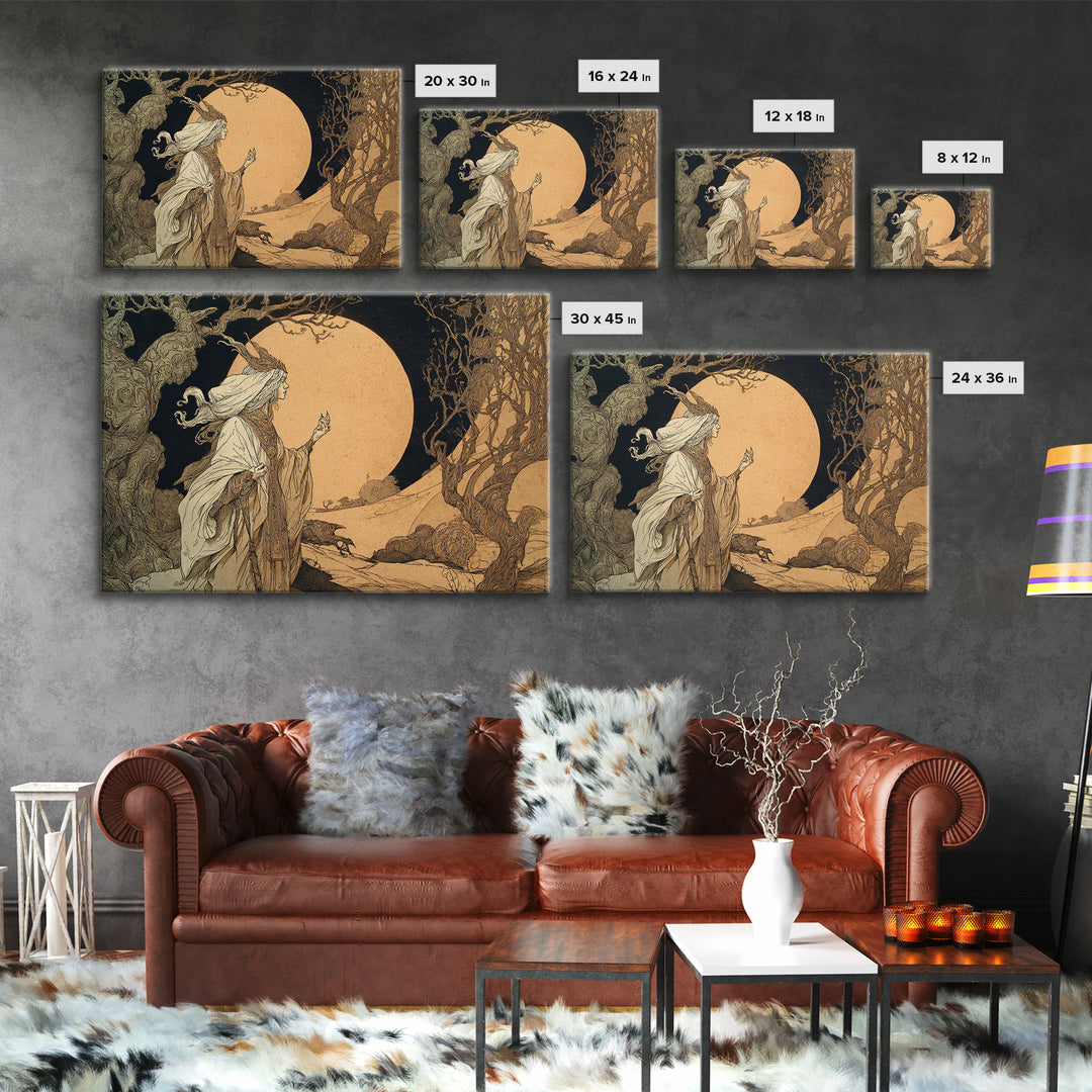The Moon Priestess, Gothic Storybook Art, Landscape Wall Art, Macabre Wall Art, Framed Canvas Print, Halloween Wall Art