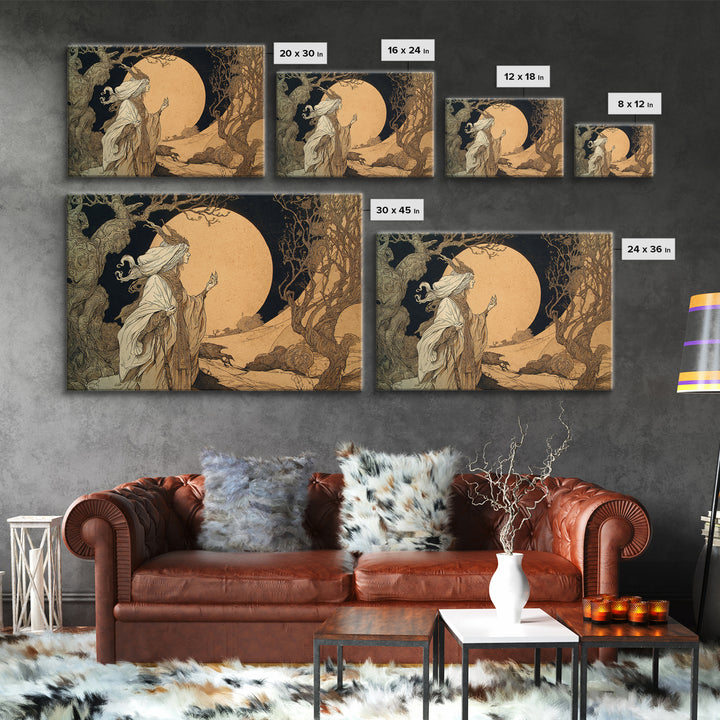 The Moon Priestess, Gothic Storybook Art, Landscape Wall Art, Macabre Wall Art, Framed Canvas Print, Halloween Wall Art