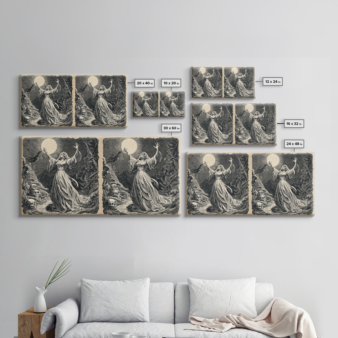The Moon Priestess, Macabre Folk Print Art, Wide Panoramic Art, Macabre Wall Art, Canvas Print, Halloween Wall Art