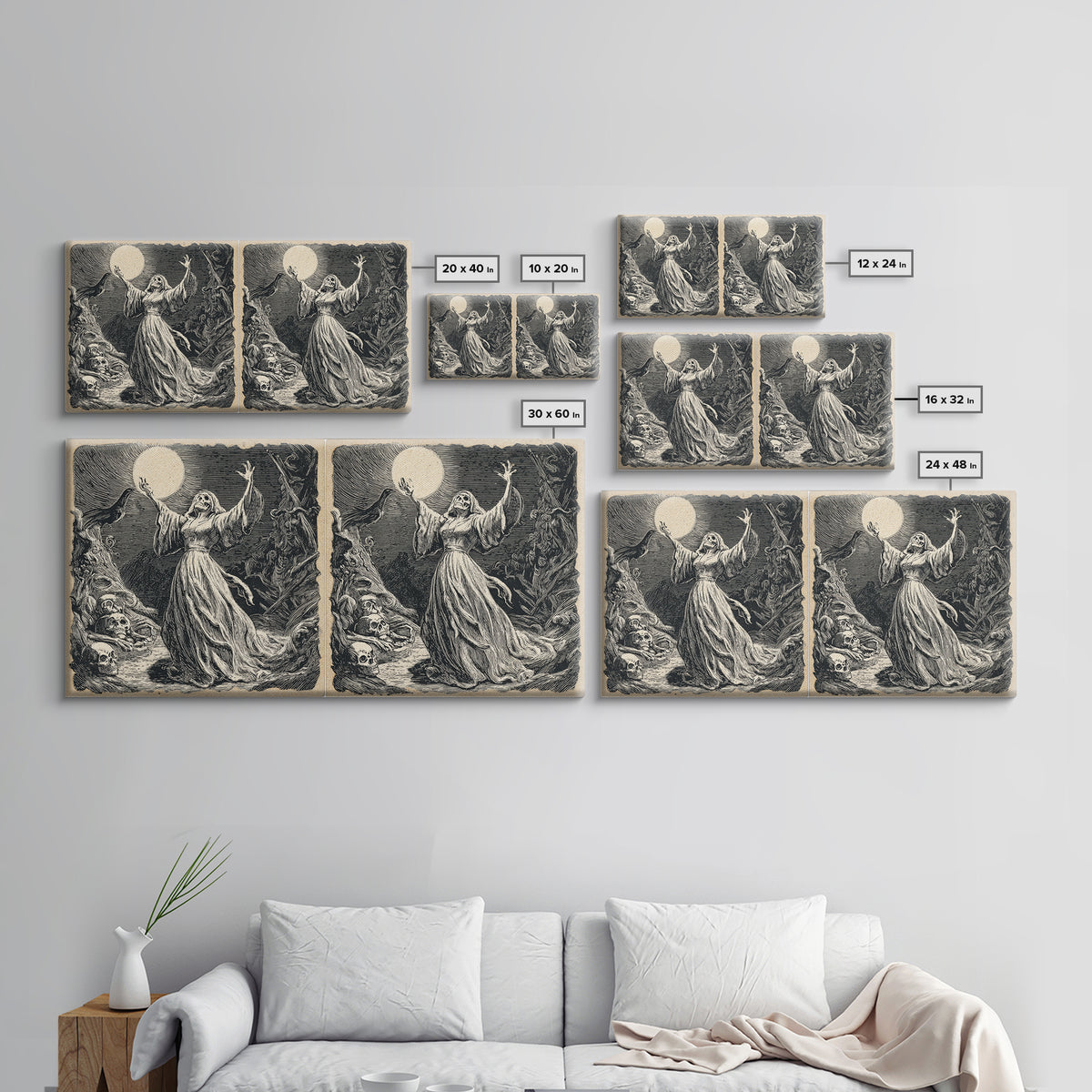 The Moon Priestess, Macabre Folk Print Art, Wide Panoramic Art, Macabre Wall Art, Canvas Print, Halloween Wall Art
