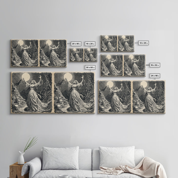 The Moon Priestess, Macabre Folk Print Art, Wide Panoramic Art, Macabre Wall Art, Canvas Print, Halloween Wall Art