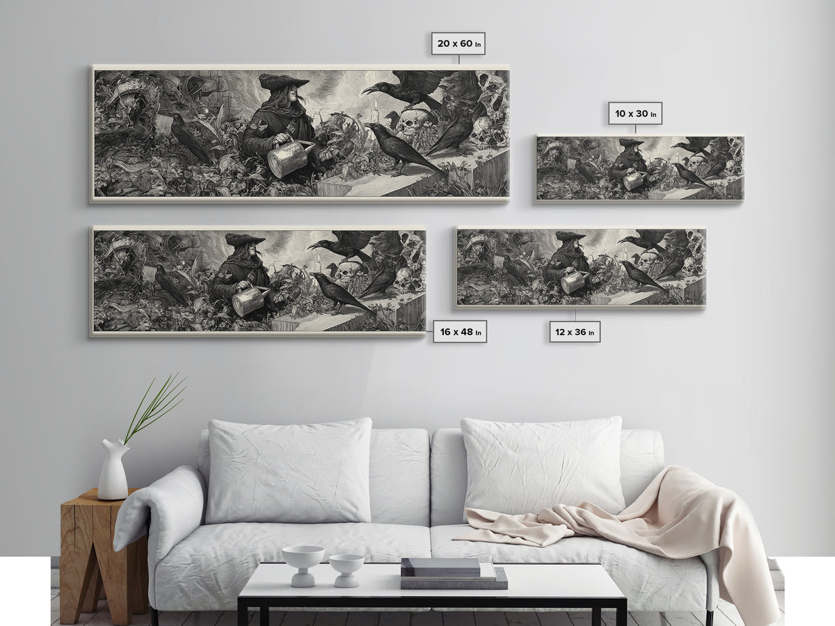 The Graveyard Gardener, Renaissance Engraving Art, Extra Wide Wall Art, Gothic Horror Wall Art, Canvas Print, Halloween Wall Art