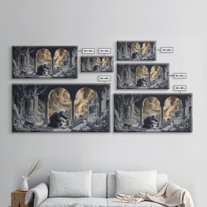 The Graveyard Gardener, Apocalyptic Romantic Art, Wide Panoramic Art, Dark Fantasy Wall Art, Framed Canvas Print, Halloween Wall Art