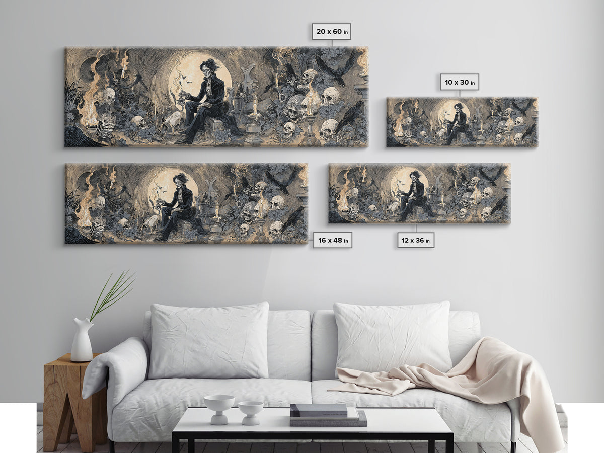 The Graveyard Gardener, Decadent Gothic Art, Extra Wide Wall Art, Dark Halloween Decor, Framed Canvas Print, Halloween Wall Art