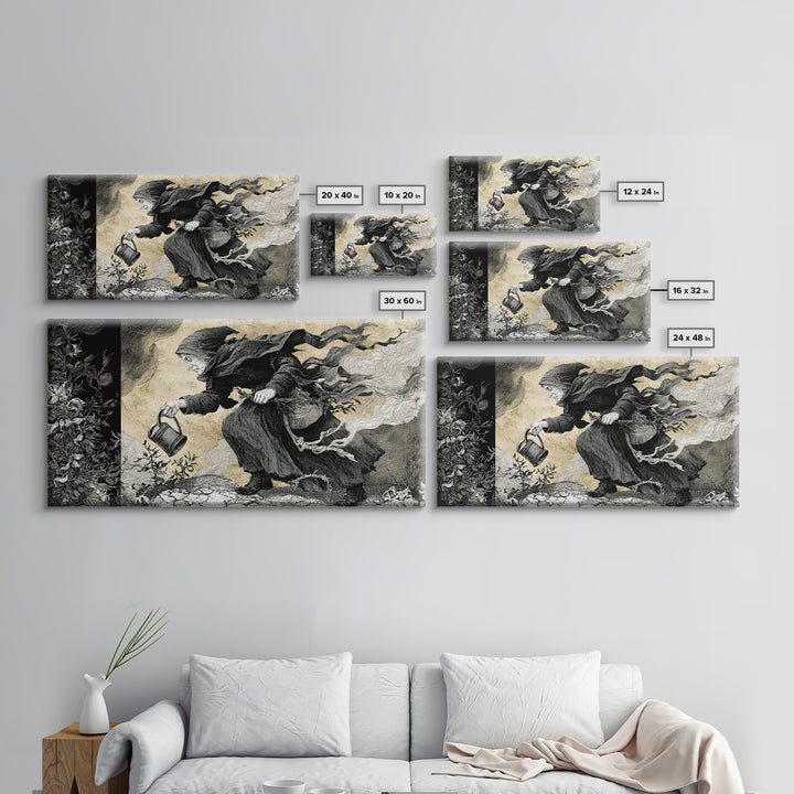 The Graveyard Gardener, Expressionist Nightmare Art, Wide Panoramic Art, Dark Fantasy Wall Art, Framed Canvas Print, Halloween Wall Art