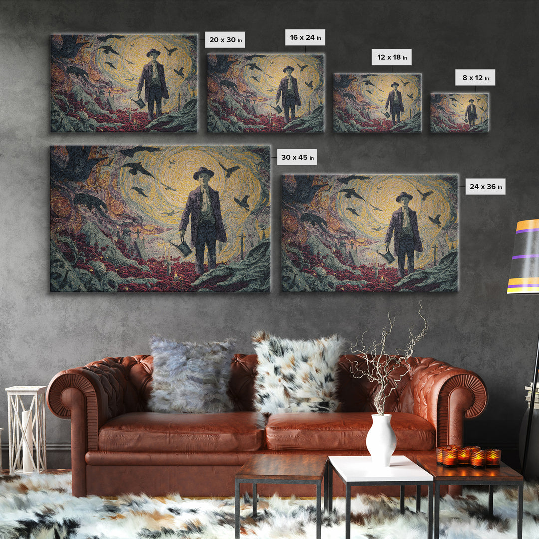 The Graveyard Gardener, Expressionist Gothic Art, Landscape Wall Art, Gothic Horror Wall Art, Framed Canvas Print, Halloween Wall Art