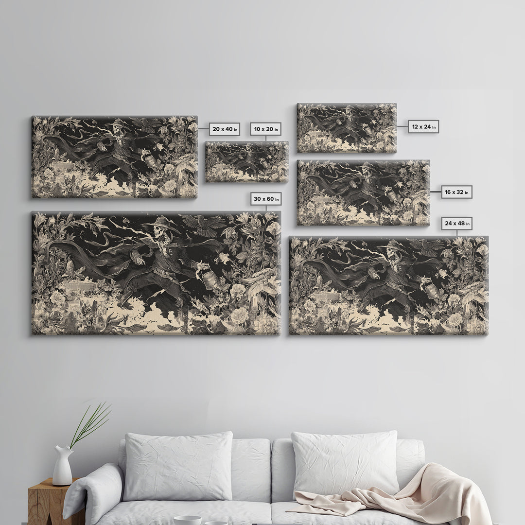 The Graveyard Gardener, Macabre Folk Print Art, Wide Panoramic Art, Macabre Wall Art, Framed Canvas Print, Halloween Wall Art