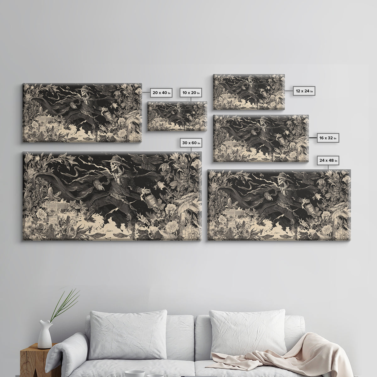 The Graveyard Gardener, Macabre Folk Print Art, Wide Panoramic Art, Macabre Wall Art, Framed Canvas Print, Halloween Wall Art