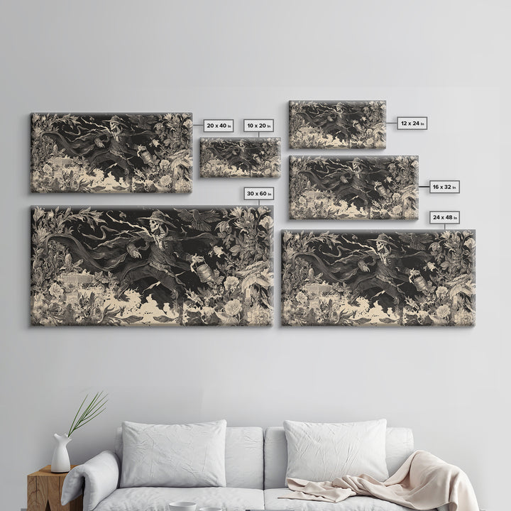 The Graveyard Gardener, Macabre Folk Print Art, Wide Panoramic Art, Macabre Wall Art, Framed Canvas Print, Halloween Wall Art