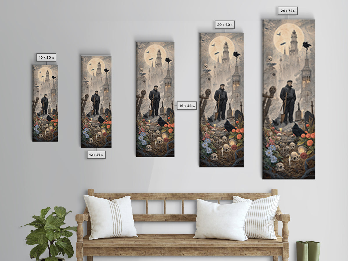 The Graveyard Gardener, Surreal Apocalyptic Art, Tall Narrow Wall Art, Dark Halloween Decor, Canvas Print, Halloween Wall Art