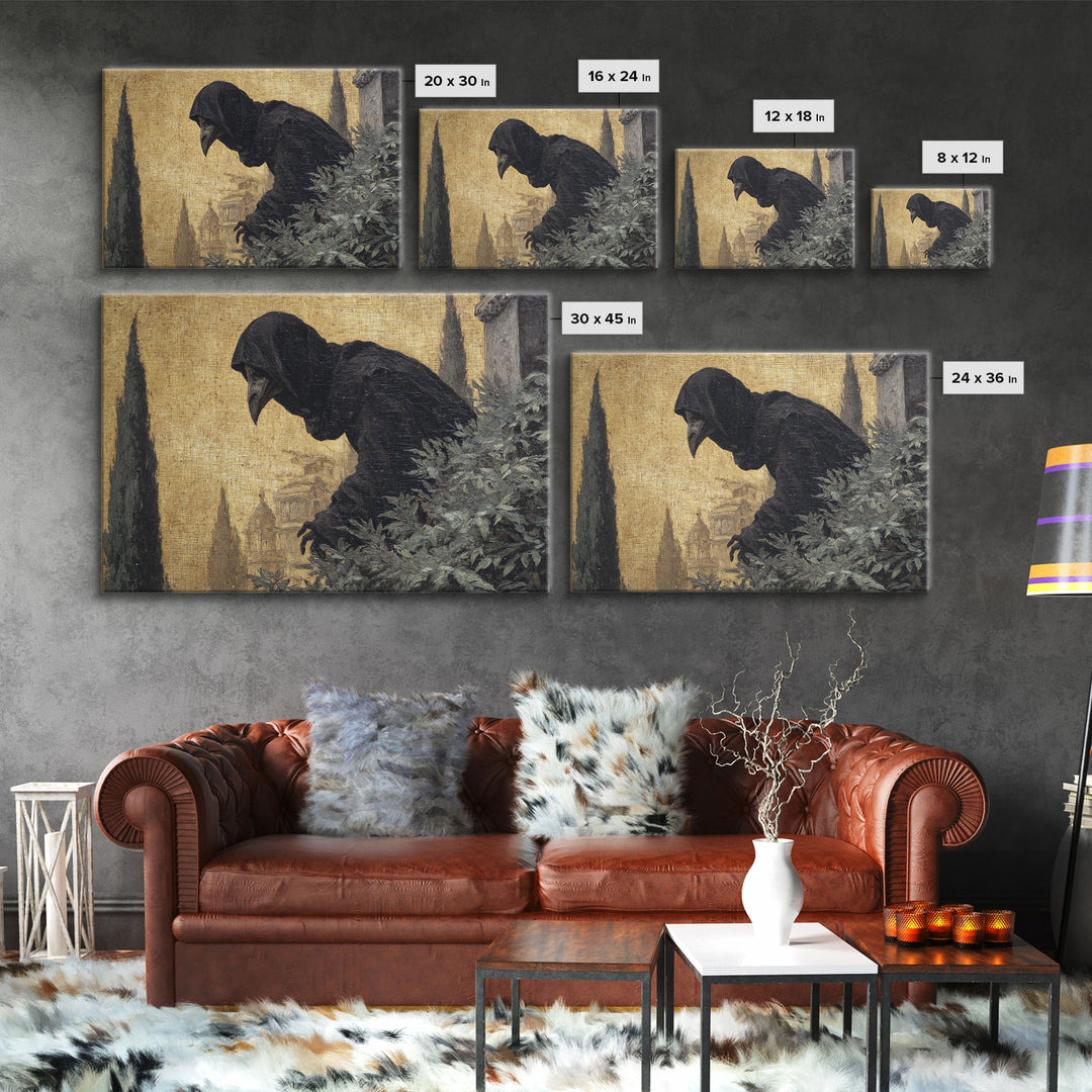 The Crow-Masked Assassin, Symbolist Gothic Landscape, Landscape Wall Art, Dark Halloween Decor, Framed Canvas Print, Halloween Wall Art