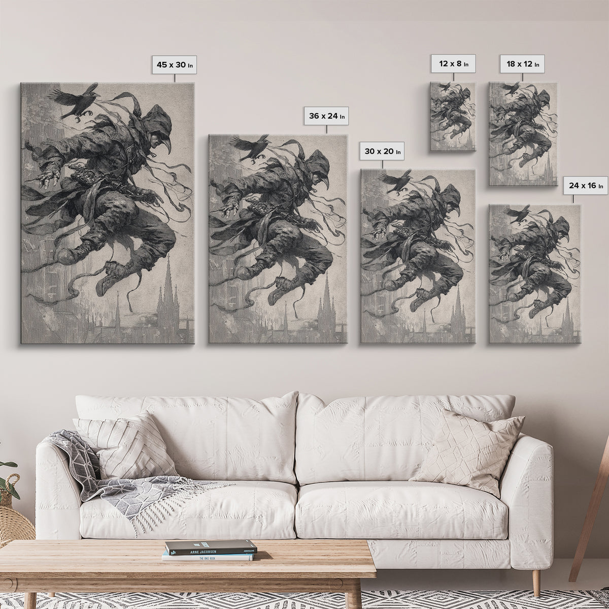 The Crow-Masked Assassin, Symbolist Etching Art, Vertical Wall Art, Dark Halloween Decor, Canvas Print, Halloween Wall Art