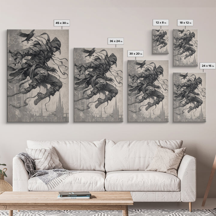 The Crow-Masked Assassin, Symbolist Etching Art, Vertical Wall Art, Dark Halloween Decor, Canvas Print, Halloween Wall Art