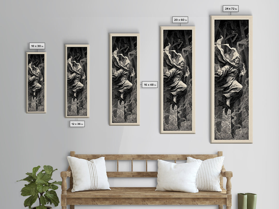 The Lantern Mage, Gothic Engraving Art, Tall Narrow Wall Art, Macabre Wall Art, Framed Canvas Print, Halloween Wall Art