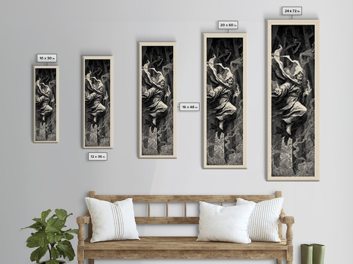 The Lantern Mage, Gothic Engraving Art, Tall Narrow Wall Art, Macabre Wall Art, Framed Canvas Print, Halloween Wall Art