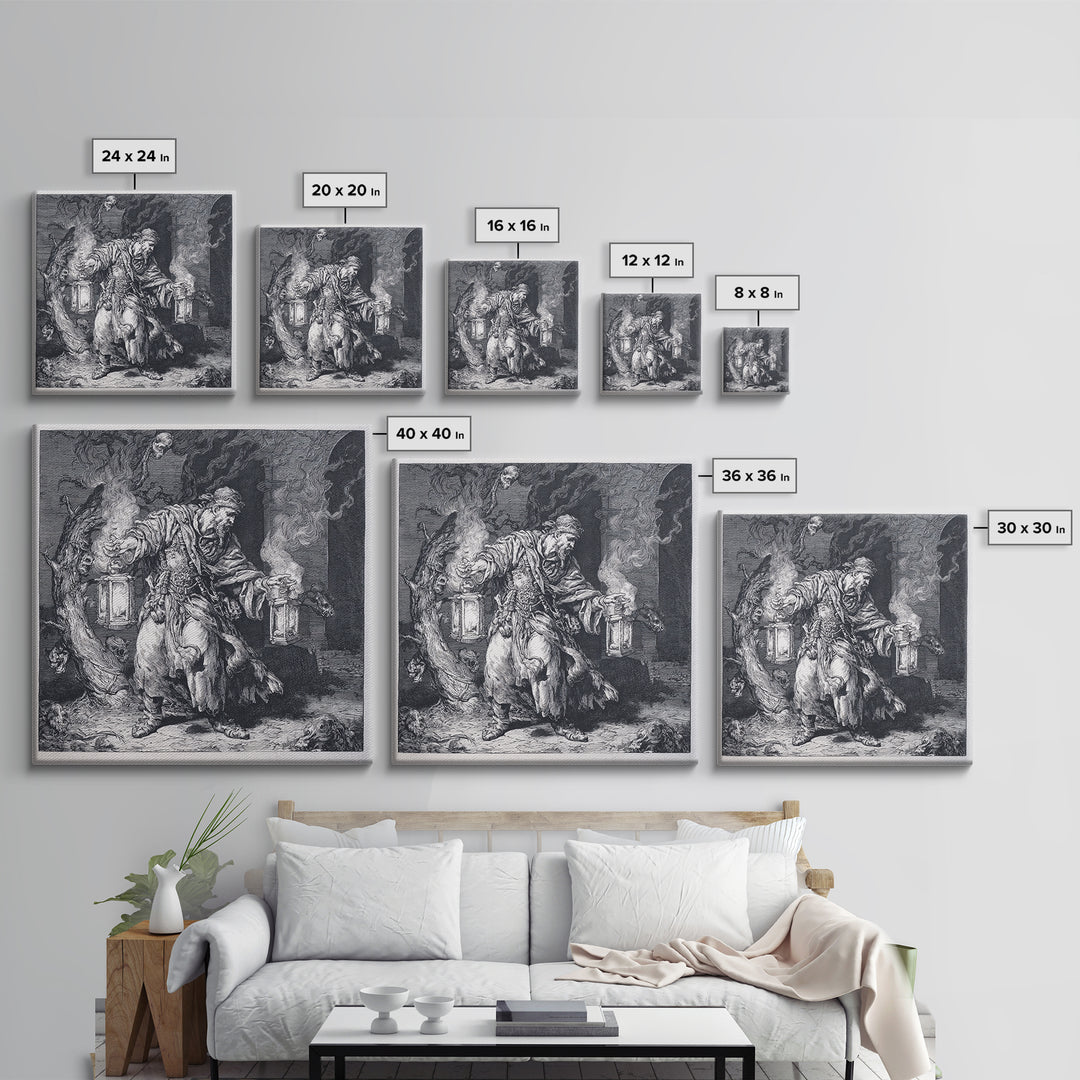 The Lantern Mage, Renaissance Engraving Art, Square Wall Art, Dark Halloween Decor, Canvas Print, Halloween Wall Art
