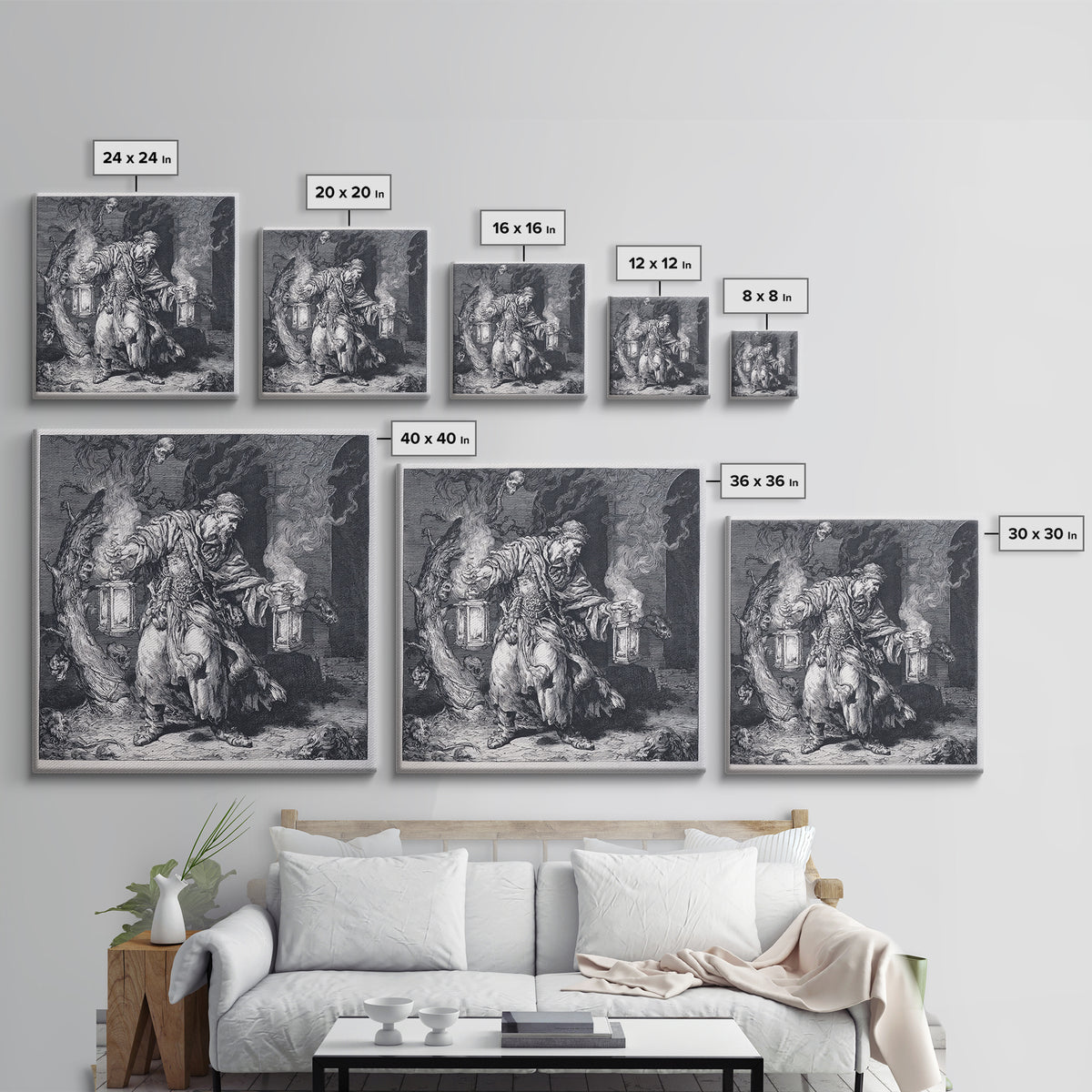 The Lantern Mage, Renaissance Engraving Art, Square Wall Art, Dark Halloween Decor, Canvas Print, Halloween Wall Art