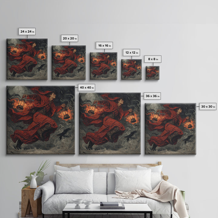 The Lantern Mage, Dark Symbolist Art, Square Wall Art, Dark Halloween Decor, Framed Canvas Print, Halloween Wall Art