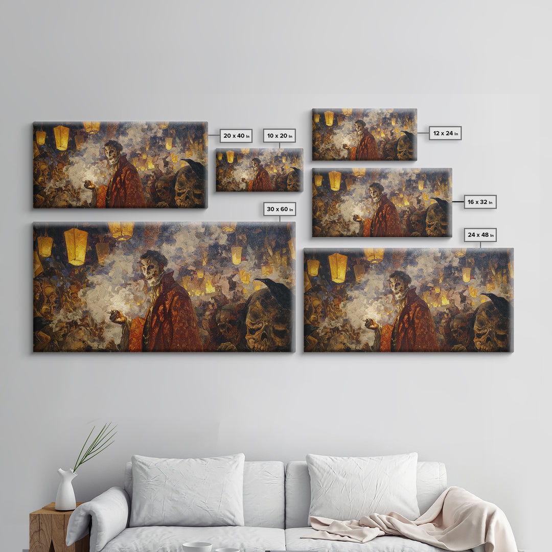 The Lantern Mage, Grotesque Carnival Art, Wide Panoramic Art, Dark Halloween Decor, Framed Canvas Print, Halloween Wall Art