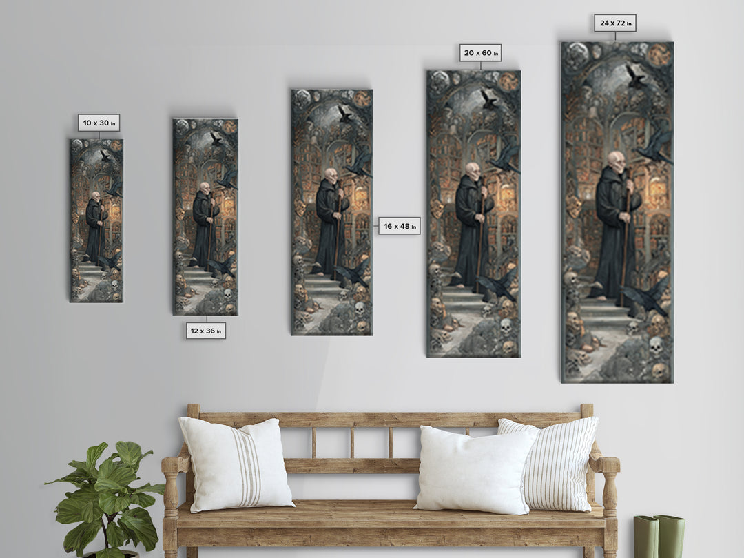 The Crypt Librarian, Medieval Grotesque Art, Tall Narrow Wall Art, Gothic Horror Wall Art, Framed Canvas Print, Halloween Wall Art