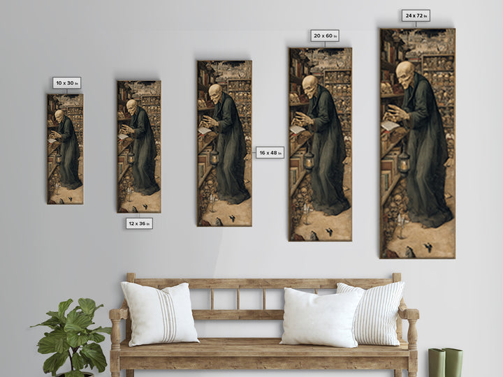 The Crypt Librarian, Northern Renaissance Horror, Tall Narrow Wall Art, Dark Fantasy Wall Art, Canvas Print, Halloween Wall Art