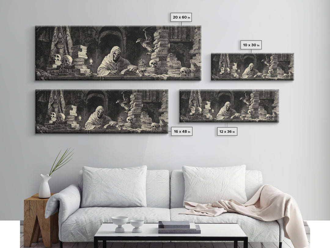 The Crypt Librarian, Dark Romantic Horror Art, Extra Wide Wall Art, Macabre Wall Art, Framed Canvas Print, Halloween Wall Art