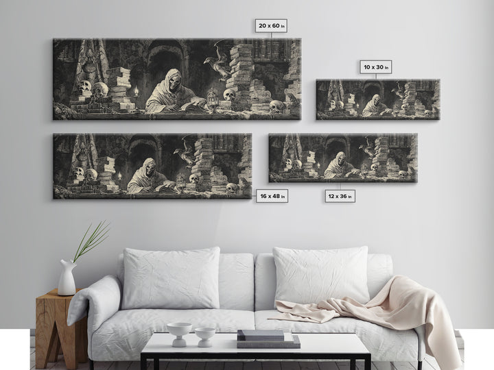 The Crypt Librarian, Dark Romantic Horror Art, Extra Wide Wall Art, Macabre Wall Art, Framed Canvas Print, Halloween Wall Art