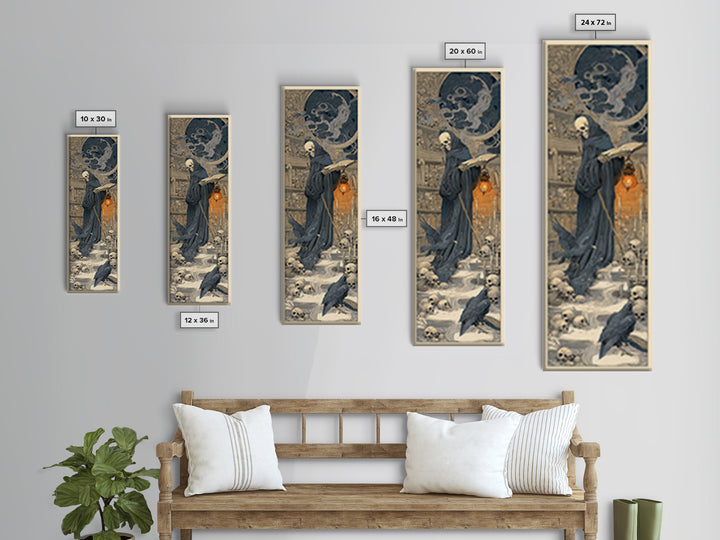 The Crypt Librarian, Symbolist Death Art, Tall Narrow Wall Art, Dark Halloween Decor, Framed Canvas Print, Halloween Wall Art