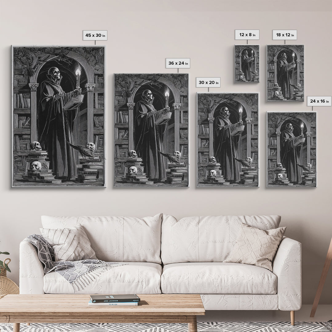 The Crypt Librarian, Symbolist Etching Art, Vertical Wall Art, Gothic Horror Wall Art, Framed Canvas Print, Halloween Wall Art