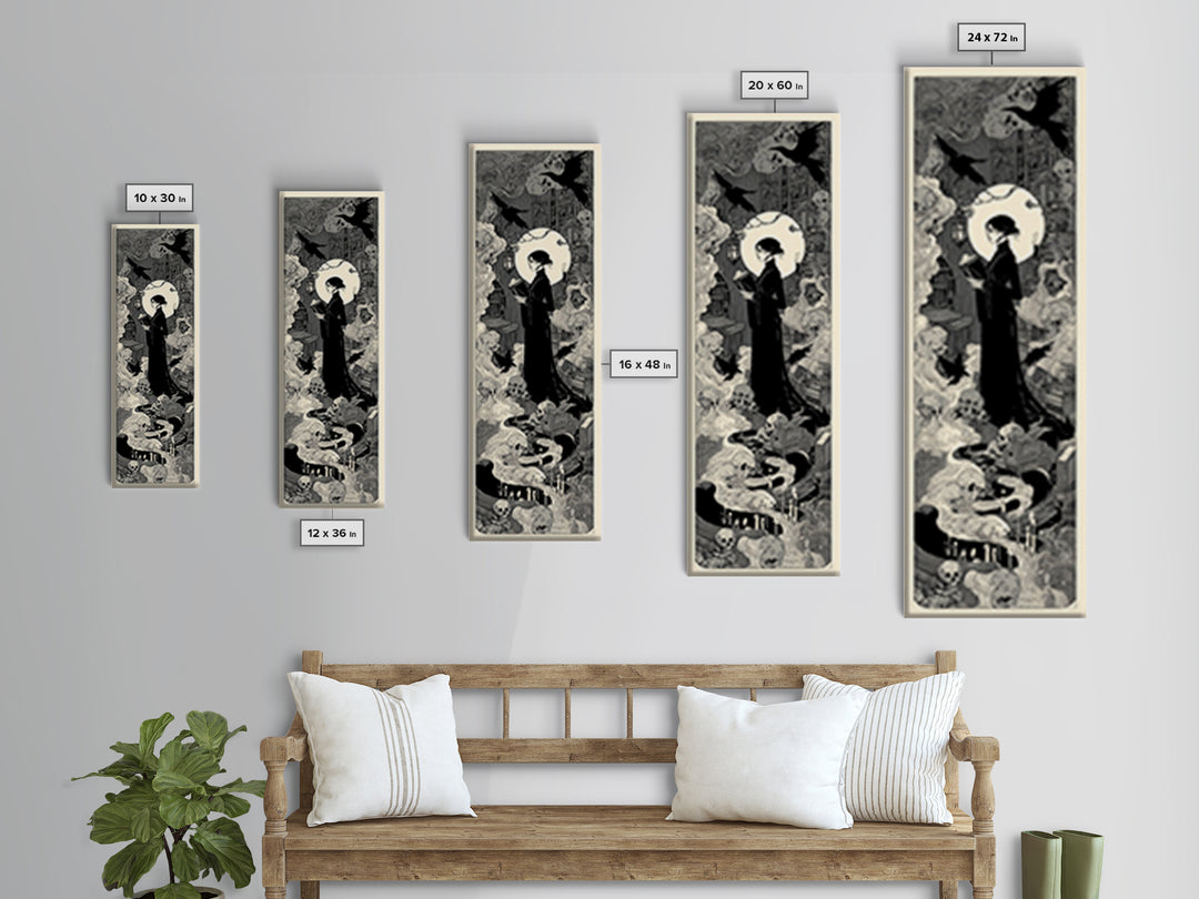 The Crypt Librarian, Decadent Line Art, Tall Narrow Wall Art, Dark Fantasy Wall Art, Framed Canvas Print, Halloween Wall Art