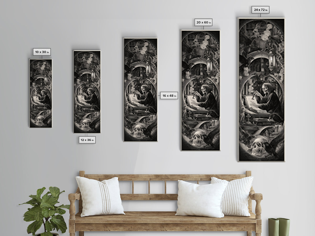 The Crypt Librarian, Biomechanical Horror Art, Tall Narrow Wall Art, Macabre Wall Art, Framed Canvas Print, Halloween Wall Art