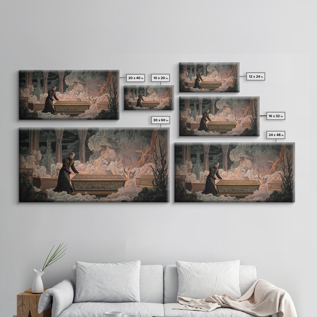 The Royal Coffin Maker, Apocalyptic Romantic Art, Wide Panoramic Art, Macabre Wall Art, Framed Canvas Print, Halloween Wall Art