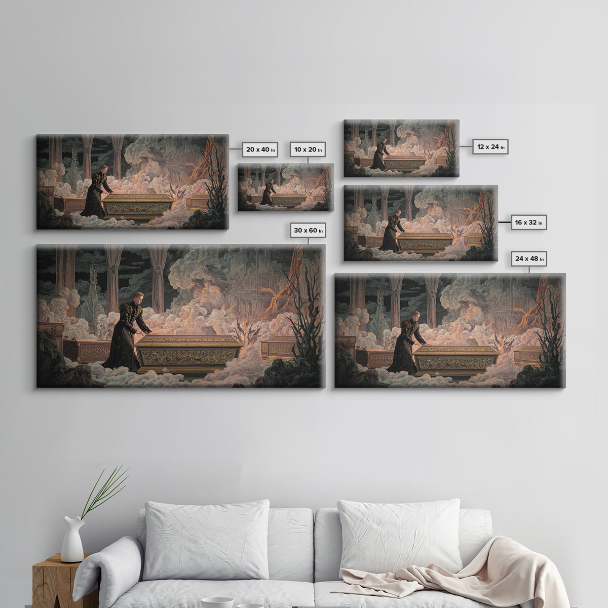 The Royal Coffin Maker, Apocalyptic Romantic Art, Wide Panoramic Art, Macabre Wall Art, Framed Canvas Print, Halloween Wall Art
