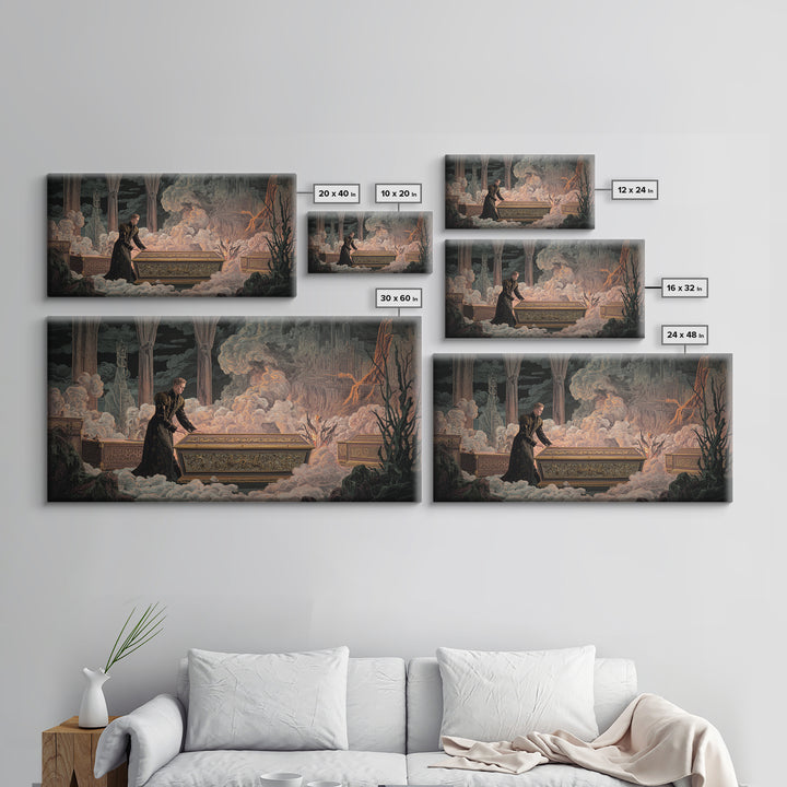 The Royal Coffin Maker, Apocalyptic Romantic Art, Wide Panoramic Art, Macabre Wall Art, Framed Canvas Print, Halloween Wall Art