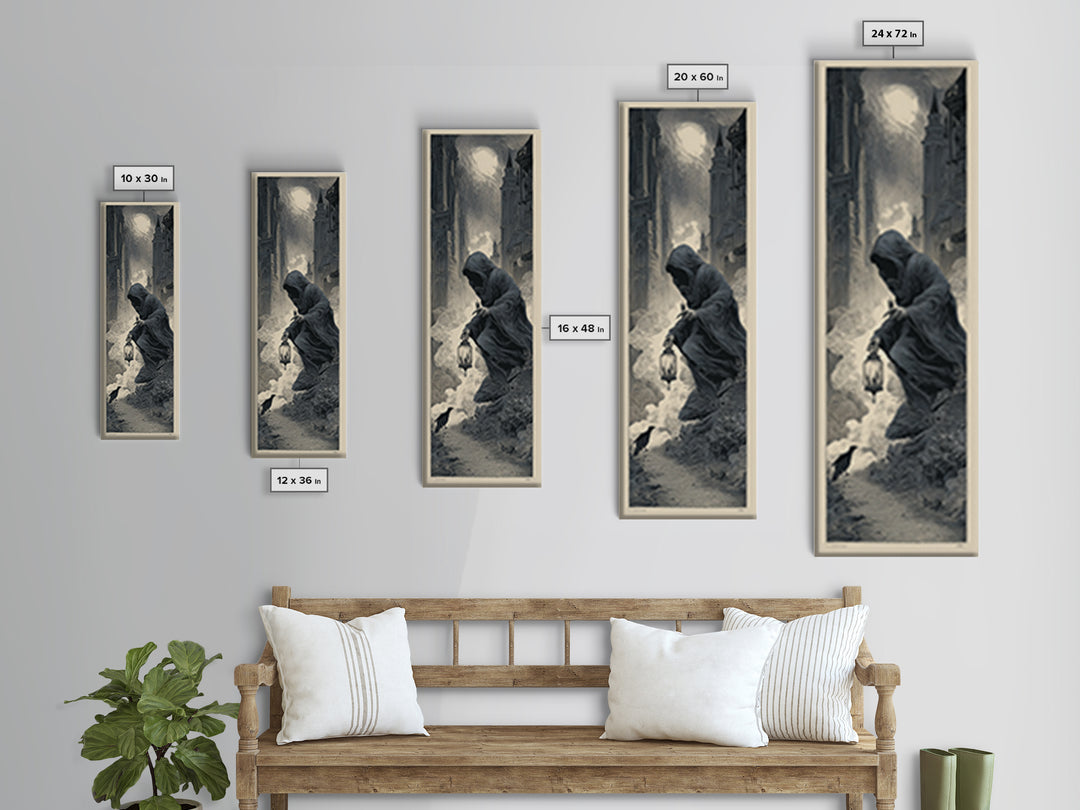 The Soul Collector, Gothic Engraving Art, Tall Narrow Wall Art, Dark Halloween Decor, Canvas Print, Halloween Wall Art