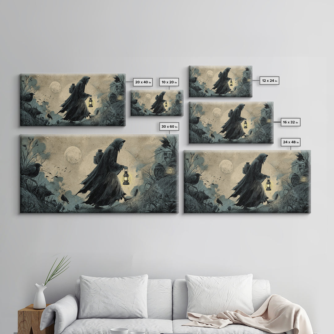 The Soul Collector, Expressionist Nightmare Art, Wide Panoramic Art, Dark Fantasy Wall Art, Framed Canvas Print, Halloween Wall Art
